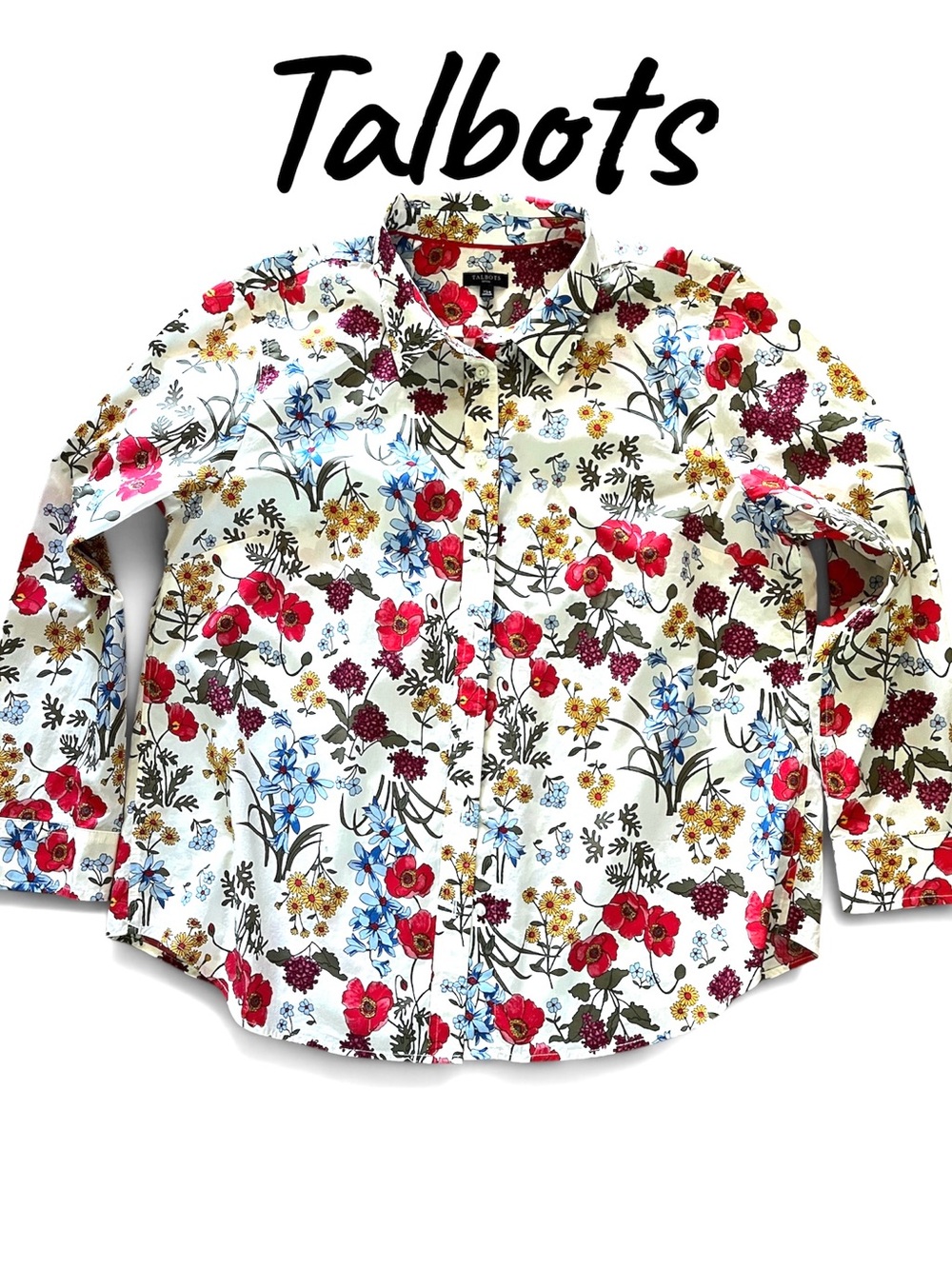Talbots White Button-Down Floral Shirt with Red, Blue & Yellow Blooms
